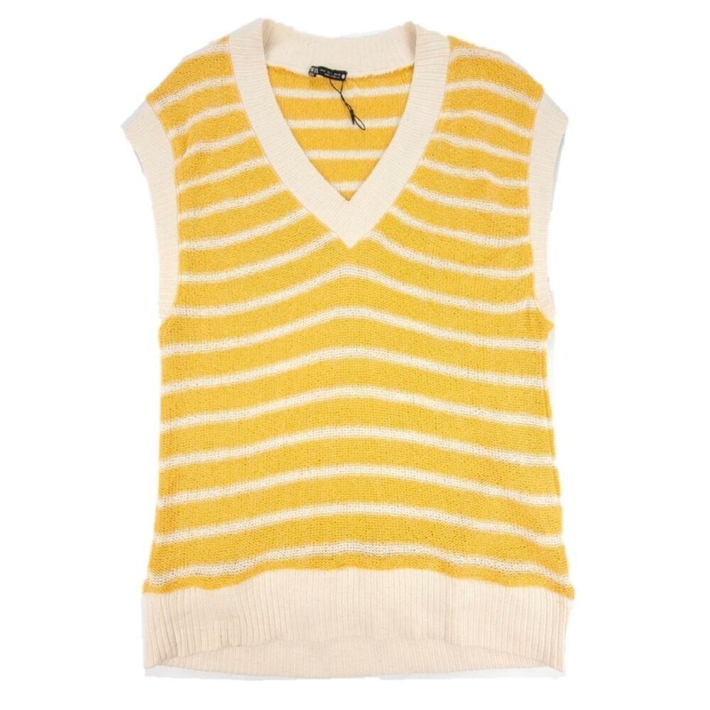 NEW Zara 90's Oversized Vintage Striped V-Rib Knit Sweater Vest Cream Medium Y2k - Picture 1 of 7